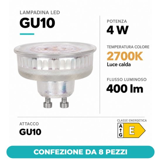Eglo lampadina led gu10 4w 2700k a riflettore trasparente dimmerabile confezione da 8 pezzi