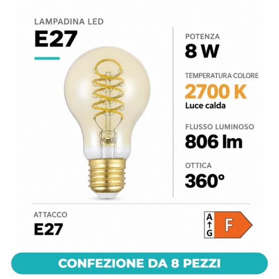 Eglo lampadina led e27 8w 2700k a goccia ambrata con filamento a spirale dimmerabile confezione da 8 pezzi