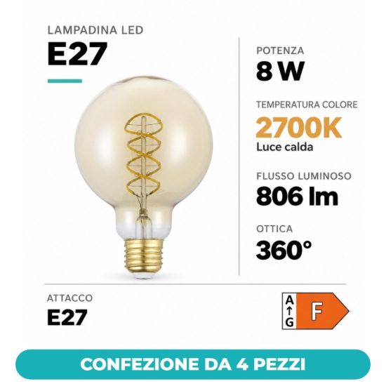 Eglo lampadina led e27 8w 2700k a globo ambrata 8cm con filamento a spirale dimmerabile confezione da 4 pezzi