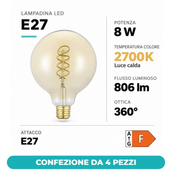 Eglo lampadina led e27 8w 2700k a globo ambrata 9,5cm con filamento a spirale dimmerabile confezione da 4 pezzi
