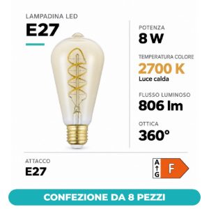 Eglo lampadina led e27 8w 2700k a oliva ambrata 6,4cm con filamento a spirale dimmerabile confezione da 8 pezzi