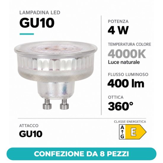 Eglo lampadina led gu10 4w 4000k a riflettore trasparente dimmerabile confezione da 8 pezzi