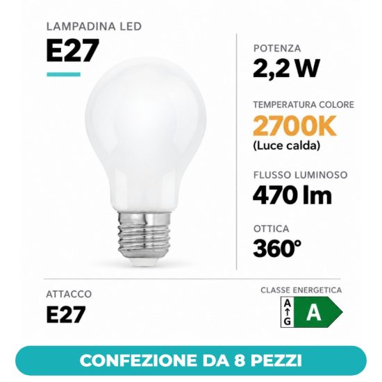 Eglo lampadina led e27 2,2w 2700k a goccia opalina confezione da 8 pezzi