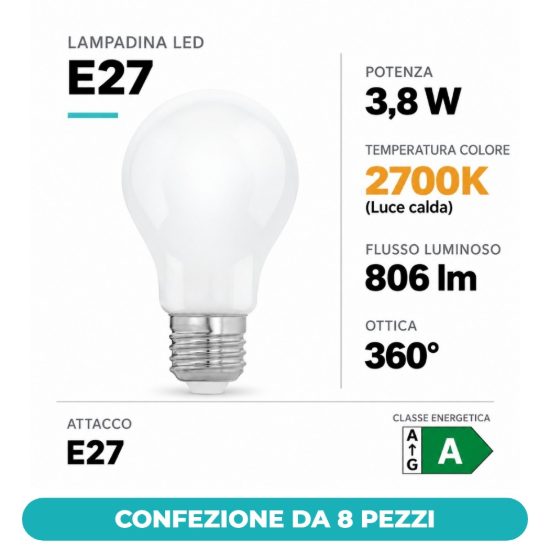 Eglo lampadina led e27 3,8w 2700k a goccia opalina confezione da 8 pezzi
