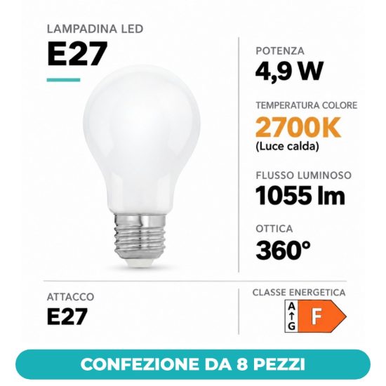 Eglo lampadina led e27 4,9w 2700k a goccia opalina confezione da 8 pezzi