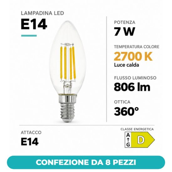 Eglo lampadina led e14 7w 2700k a candela trasparente h9,8cm a filamento dimmerabile confezione da 8 pezzi