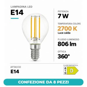 Eglo lampadina led e14 7w 2700k a sfera trasparente a filamento dimmerabile confezione da 8 pezzi