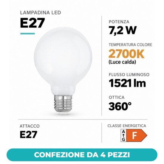 Eglo lampadina led e27 7,2w 2700k a globo opalina dimmerabile confezione da 4 pezzi