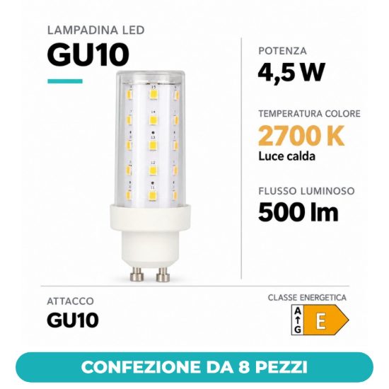 Eglo lampadina led gu10 4,5w 2700k tubolare trasparente confezione da 8 pezzi