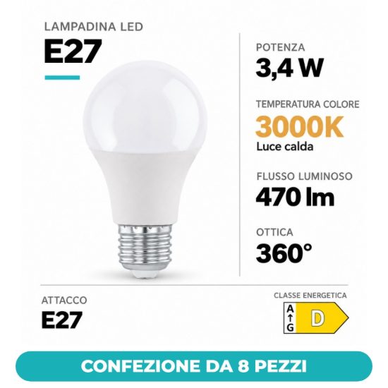Eglo lampadina led e27 3,4w 3000k a goccia opalina confezione da 8 pezzi