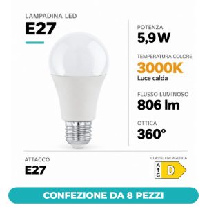 Eglo lampadina led e27 5,9w 3000k a goccia opalina confezione da 8 pezzi