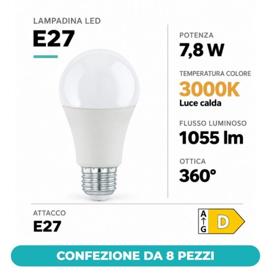 Eglo lampadina led e27 7,8w 3000k a goccia opalina confezione da 8 pezzi