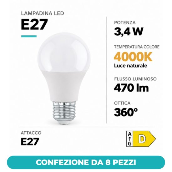 Eglo lampadina led e27 3,4w 4000k a goccia opalina confezione da 8 pezzi