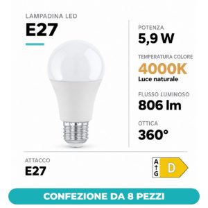Eglo lampadina led e27 5,9w 4000k a goccia opalina confezione da 8 pezzi