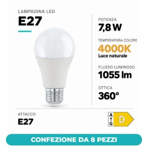 Eglo lampadina led e27 7,8w 4000k a goccia opalina confezione da 8 pezzi