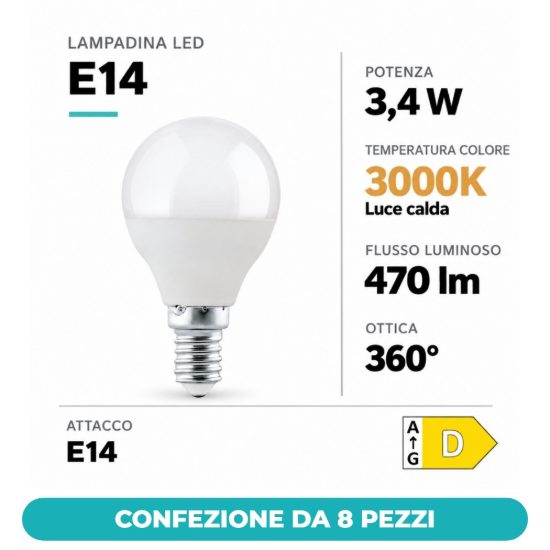 Eglo lampadina led e14 3,4w 3000k a sfera opalina confezione da 8 pezzi