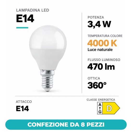 Eglo lampadina led e14 3,4w 4000k a sfera opalina confezione da 8 pezzi