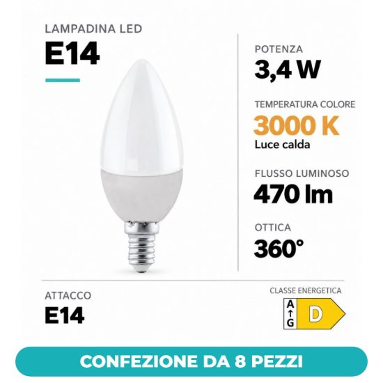 Eglo lampadina led e14 3,4w 3000k a candela opalina confezione da 8 pezzi