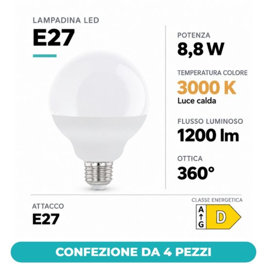 Eglo lampadina led e27 8,8w 3000k a globo opalina confezione da 4 pezzi