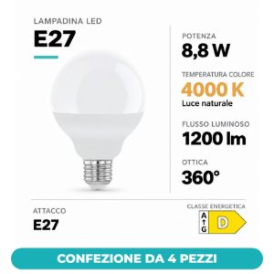 Eglo lampadina led e27 8,8w 4000k a globo opalina confezione da 4 pezzi