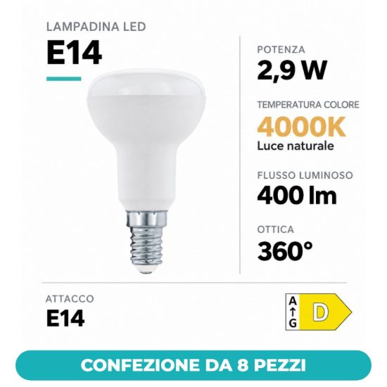 Eglo lampadina led e14 2,9w 4000k a riflettore opalina confezione da 8 pezzi