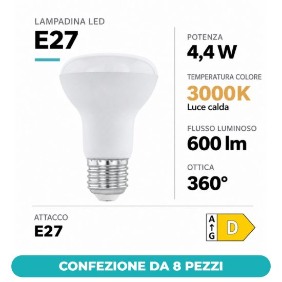 Eglo lampadina led e27 4,4w 3000k a riflettore opalina confezione da 8 pezzi