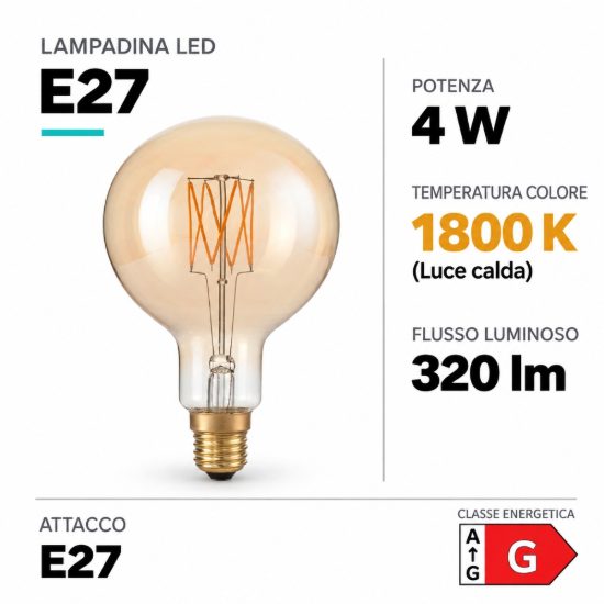 Ideal lux lampadina led e27 a globo 16cm 4w 1800k ambra