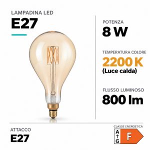 Ideal lux lampadina led e27 a goccia xl 15,5cm 8w 2200k ambra