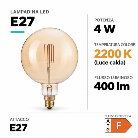 Ideal lux lampadina led e27 a globo 19,5cm 4w 2200k ambra