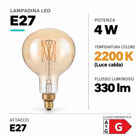 Ideal lux lampadina led e27 a globo 16cm 4w 2200k dimmerabile ambra