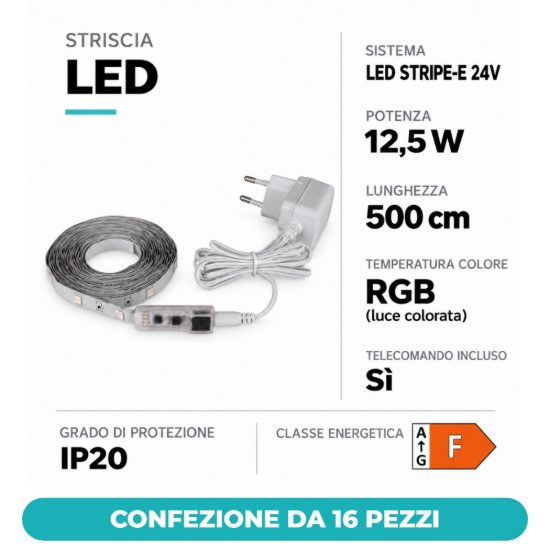 Eglo led stripe e striscia led rgb 12,5w 500cm dimmerabile con telecomando confezione da 16 pezzi