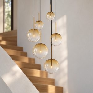 Ideal lux equinoxe lampadario con 6 pendenti a sfera 65cm per soggiorno ambra