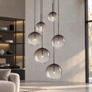 Ideal lux equinoxe lampadario con 6 pendenti a sfera 65cm per soggiorno moderno fumè