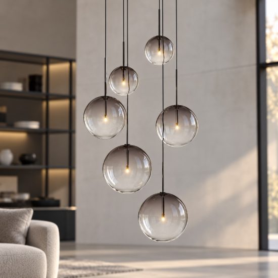 Ideal lux equinoxe lampadario con 6 pendenti a sfera 65cm per soggiorno moderno fumè