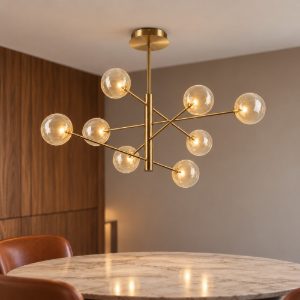 Ideal lux equinoxe lampadario a bracci con 8 sfere 128cm per soggiorno moderno ambra