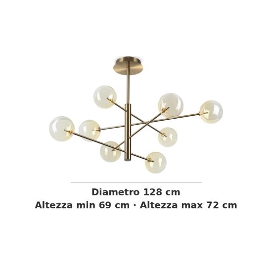 Ideal lux equinoxe lampadario a bracci con 8 sfere 128cm per soggiorno moderno ambra