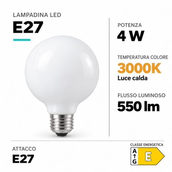 Ideal lux lampadina led e27 a globo 9,5cm a filamento 4w 3000k bianca