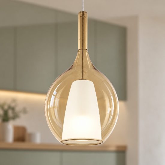 Ideal lux kalique lampada a sospensione ad ampolla 18cm per cucina contemporanea ambra