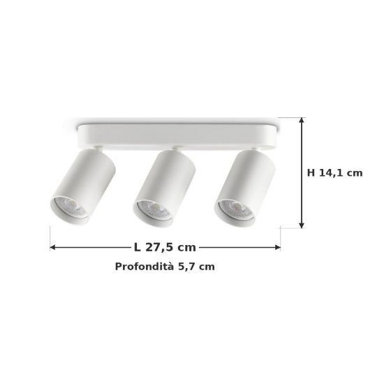 Ideal lux dynamite plafoniera lineare con 3 faretti cilindrici gu10 27,5cm bianca
