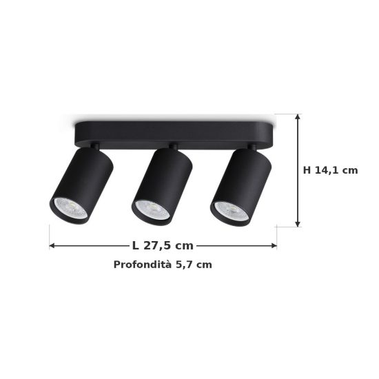 Ideal lux dynamite plafoniera lineare con 3 faretti cilindrici gu10 27,5cm nera