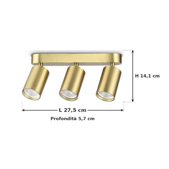 Ideal lux dynamite plafoniera lineare con 3 faretti cilindrici gu10 27,5cm ottone