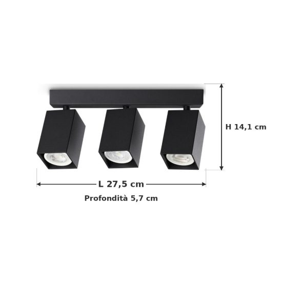 Ideal lux dynamite plafoniera lineare con 3 faretti a sezione quadrata gu10 27,5cm nera