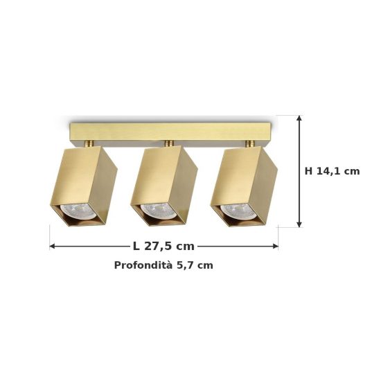 Ideal lux dynamite plafoniera lineare con 3 faretti a sezione quadrata gu10 27,5cm ottone
