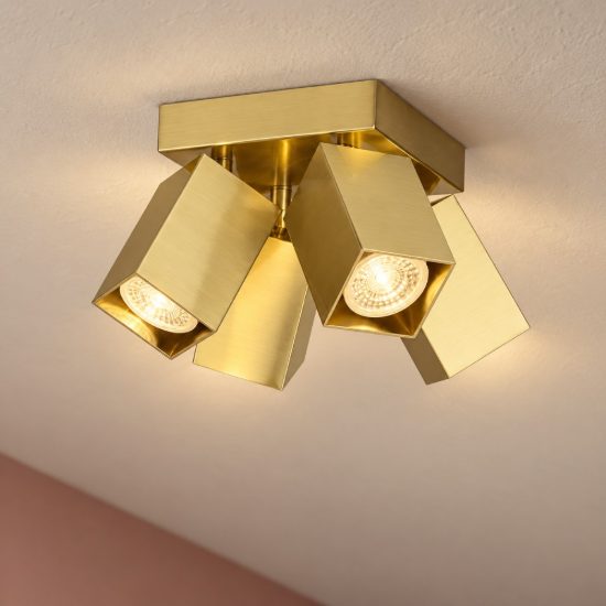 Ideal lux dynamite plafoniera con 4 faretti a sezione quadrata gu10 13,5cm ottone