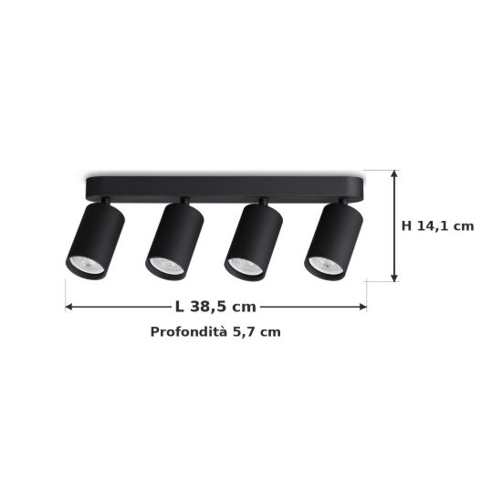 Ideal lux dynamite plafoniera lineare con 4 faretti cilindrici gu10 38,5cm nera