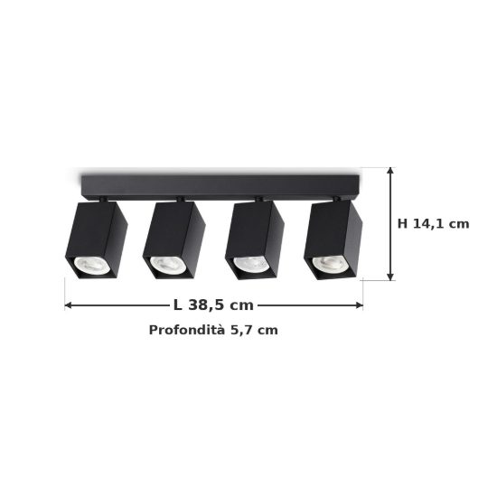 Ideal lux dynamite plafoniera lineare con 4 faretti a sezione quadrata gu10 38,5cm nera