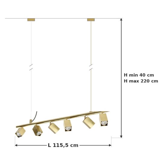 Ideal lux dynamite lampadario lineare con 6 faretti a sezione quadrata 115,5cm ottone