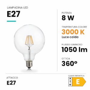 Lampadina led e27 8w 3000k 1050lm globo trasparente ideal lux