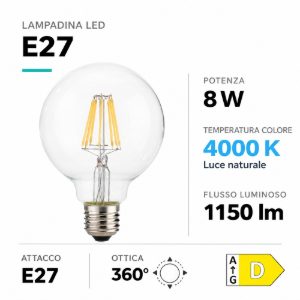Lampadina deal lux globo e27 led 8w 4000k filamento trasparente
