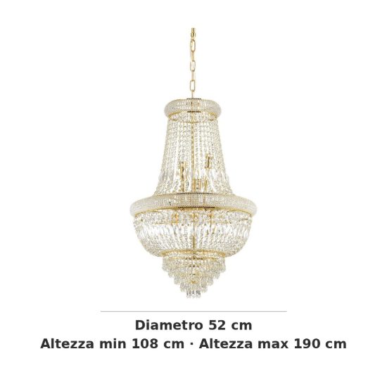 Ideal lux dubai lampadario con pendenti in cristallo 10 luci 52cm per soggiorno classico ottone